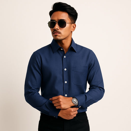 Navy Linen Cotton Blend Shirt