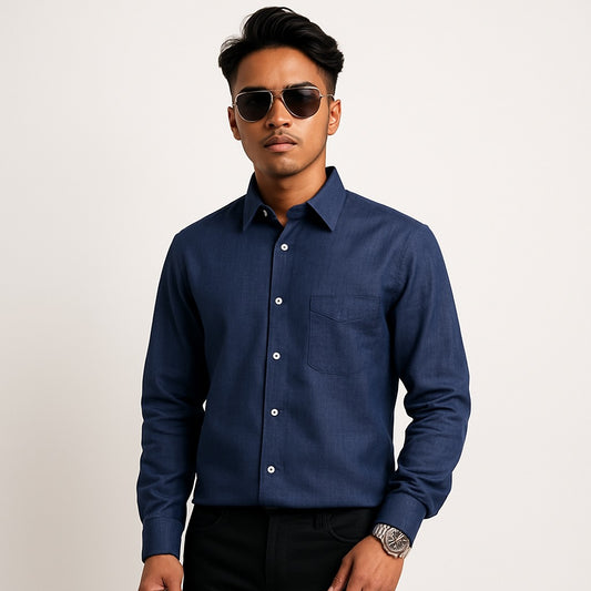Navy Linen Cotton Blend Shirt